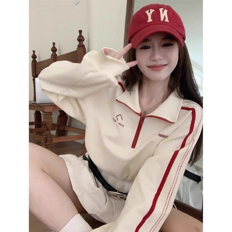 달콤한 핫걸 스탠드 칼라 긴팔 후드티 여성 가을 한국 스타일 2026 새로운 운동 바람 배색 쇼트 스타일 펌프 로프 맨위 트렌디 이미지 4