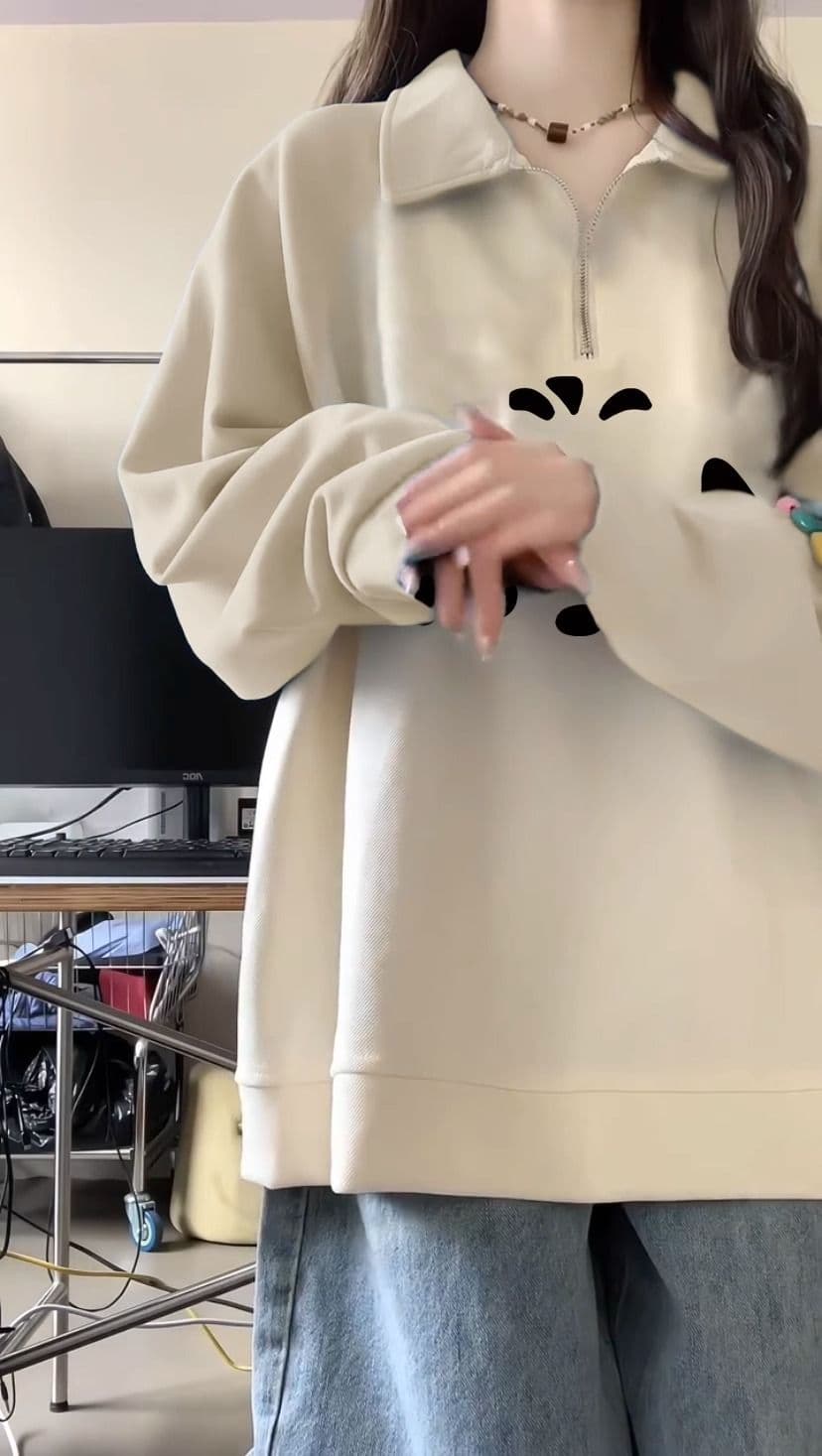 원본 솜씨 살구 색상 POLO 칼라 후드티 봄 드레스 새로운 폭발 작은 키 아메리칸 긴팔 루즈핏 맨위 상세 이미지 5