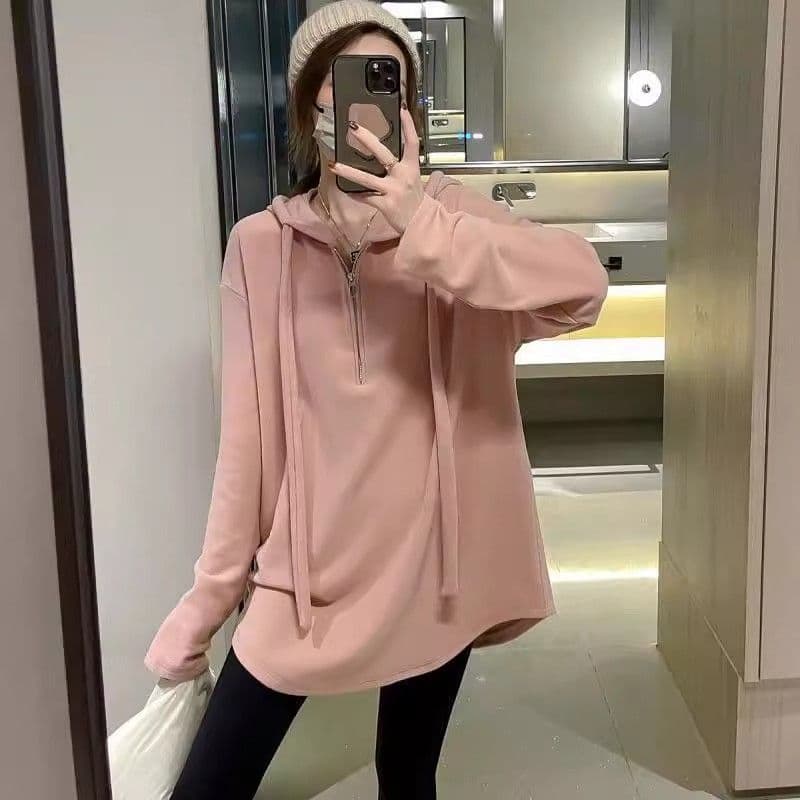 원본 솜씨 달콤함 루즈핏 얇은 다용도 불규칙 후드 긴팔 티셔츠 여성 가을 중간 길이 표지 배 맨위