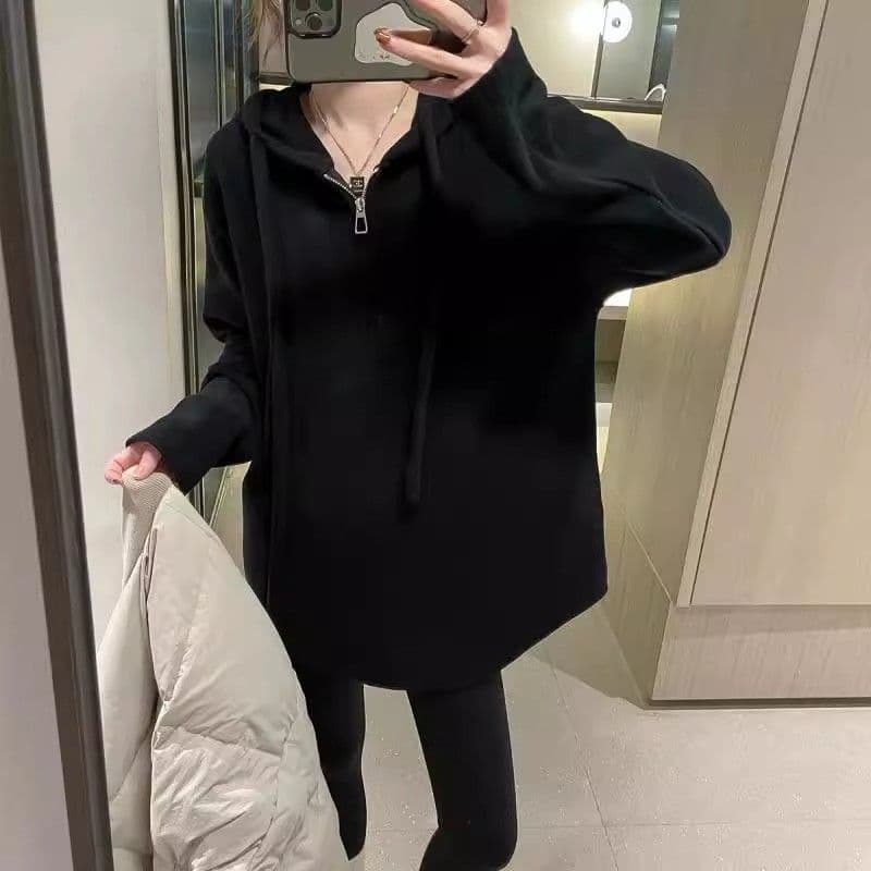 원본 솜씨 달콤함 루즈핏 얇은 다용도 불규칙 후드 긴팔 티셔츠 여성 가을 중간 길이 표지 배 맨위 이미지 3