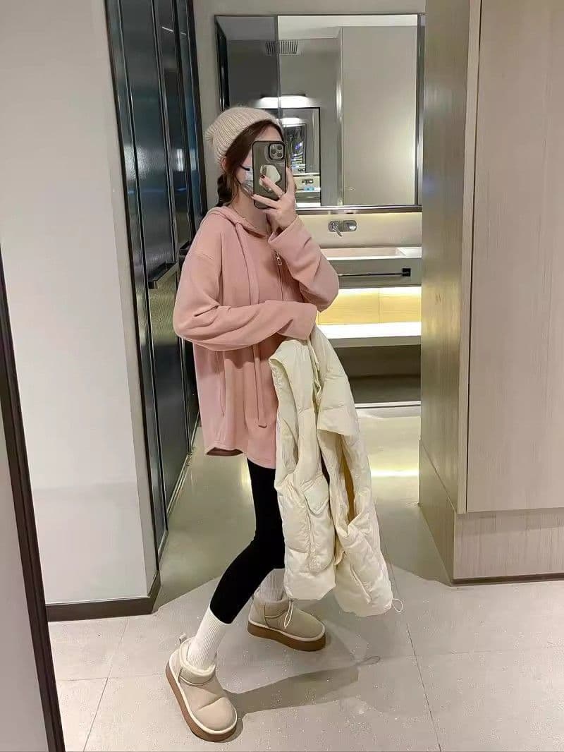 원본 솜씨 달콤함 루즈핏 얇은 다용도 불규칙 후드 긴팔 티셔츠 여성 가을 중간 길이 표지 배 맨위 이미지 4