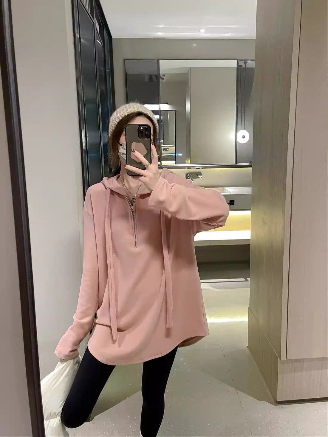 원본 솜씨 달콤함 루즈핏 얇은 다용도 불규칙 후드 긴팔 티셔츠 여성 가을 중간 길이 표지 배 맨위 상세 이미지 4