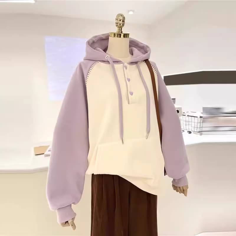 아메리칸 느긋한 chic 배색 삽입 어깨 후드 티 스웨터 여성 봄 가을 폭발 외국 가스 고유 한 Chic 하트 버클 업 의류 이미지 3
