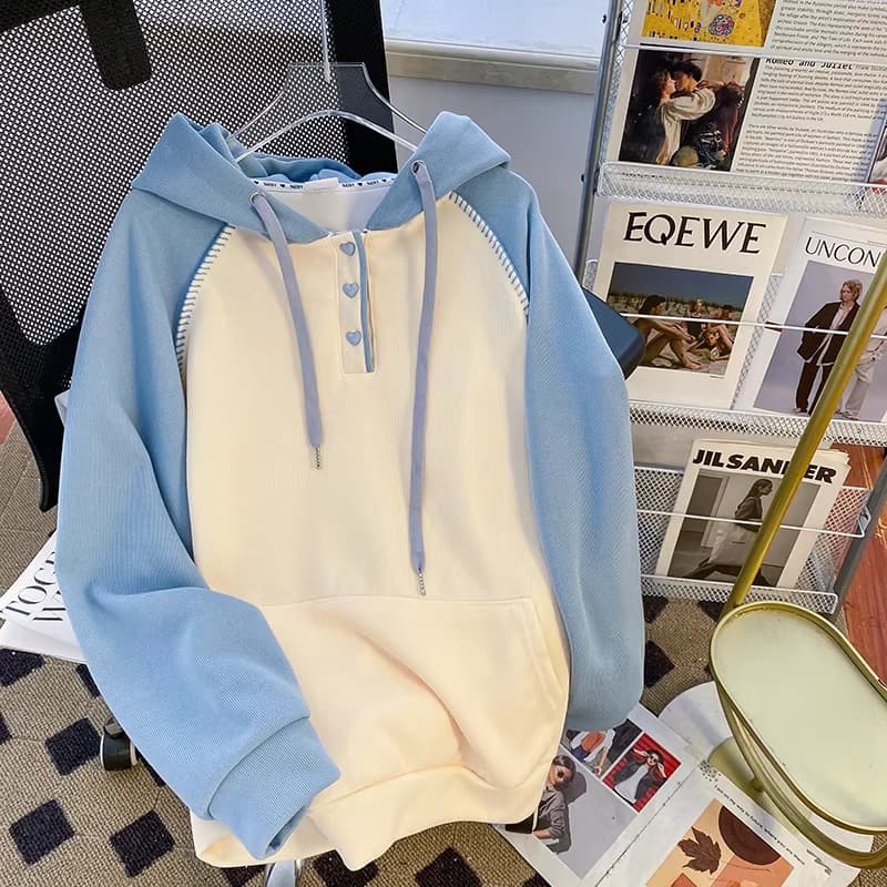 아메리칸 느긋한 chic 배색 삽입 어깨 후드 티 스웨터 여성 봄 가을 폭발 외국 가스 고유 한 Chic 하트 버클 업 의류 이미지 2