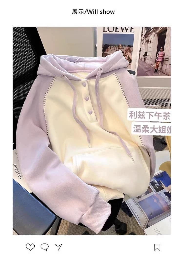 아메리칸 느긋한 chic 배색 삽입 어깨 후드 티 스웨터 여성 봄 가을 폭발 외국 가스 고유 한 Chic 하트 버클 업 의류 상세 이미지 5