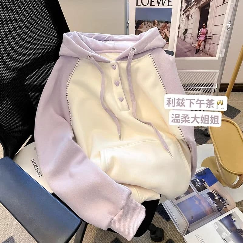 아메리칸 느긋한 chic 배색 삽입 어깨 후드 티 스웨터 여성 봄 가을 폭발 외국 가스 고유 한 Chic 하트 버클 업 의류 상세 이미지 11