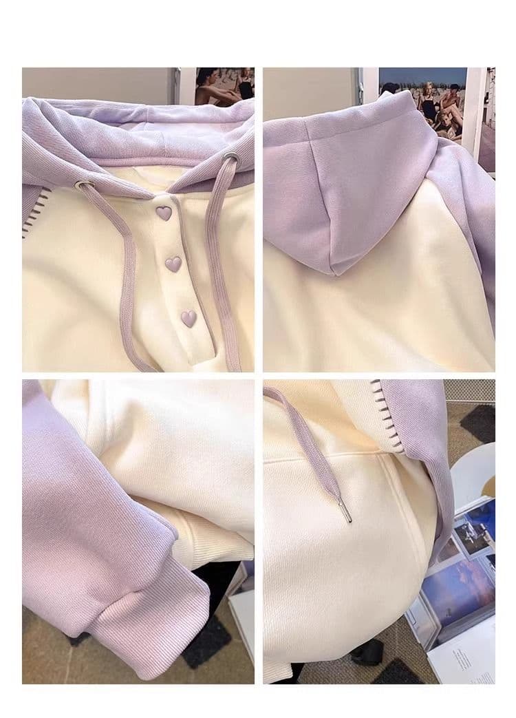 원본 솜씨 하트 단추 후드 티 스웨터 여성 디자인 센스 작은 대중 삽입 어깨 긴팔 배색 Chic 맨위 상세 이미지 4