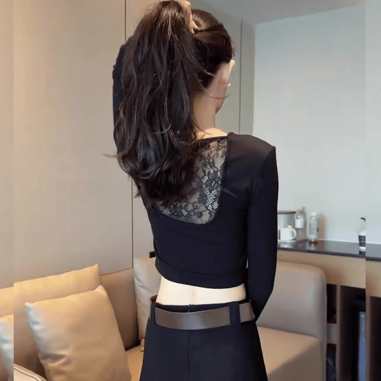 40 차가운 실크 차가운 면 섹시함 레이스 조각 긴팔 티셔츠 여성 몸매 가꾸기 만나는 Chic 아름다운 맨위 트렌디 이미지 5
