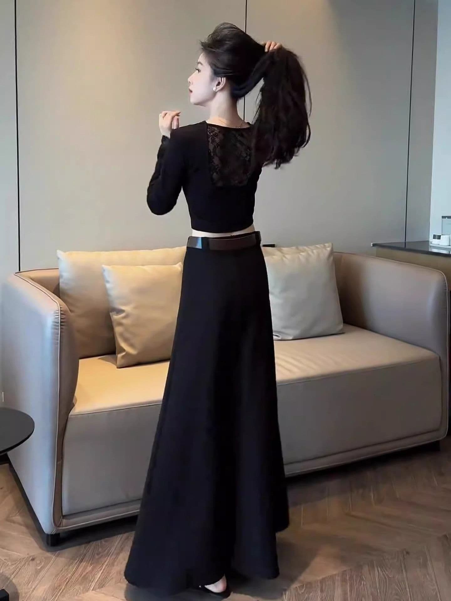 40 차가운 실크 차가운 면 섹시함 레이스 조각 긴팔 티셔츠 여성 몸매 가꾸기 만나는 Chic 아름다운 맨위 트렌디 상세 이미지 2
