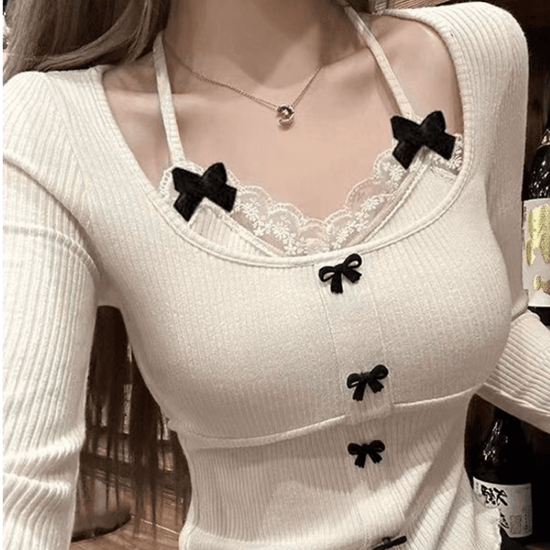 De 플러시 레이스 행침 목 기본 셔츠 2026 새로운 달콤한 핫걸 나비 매듭 짧은 편안함 맨위