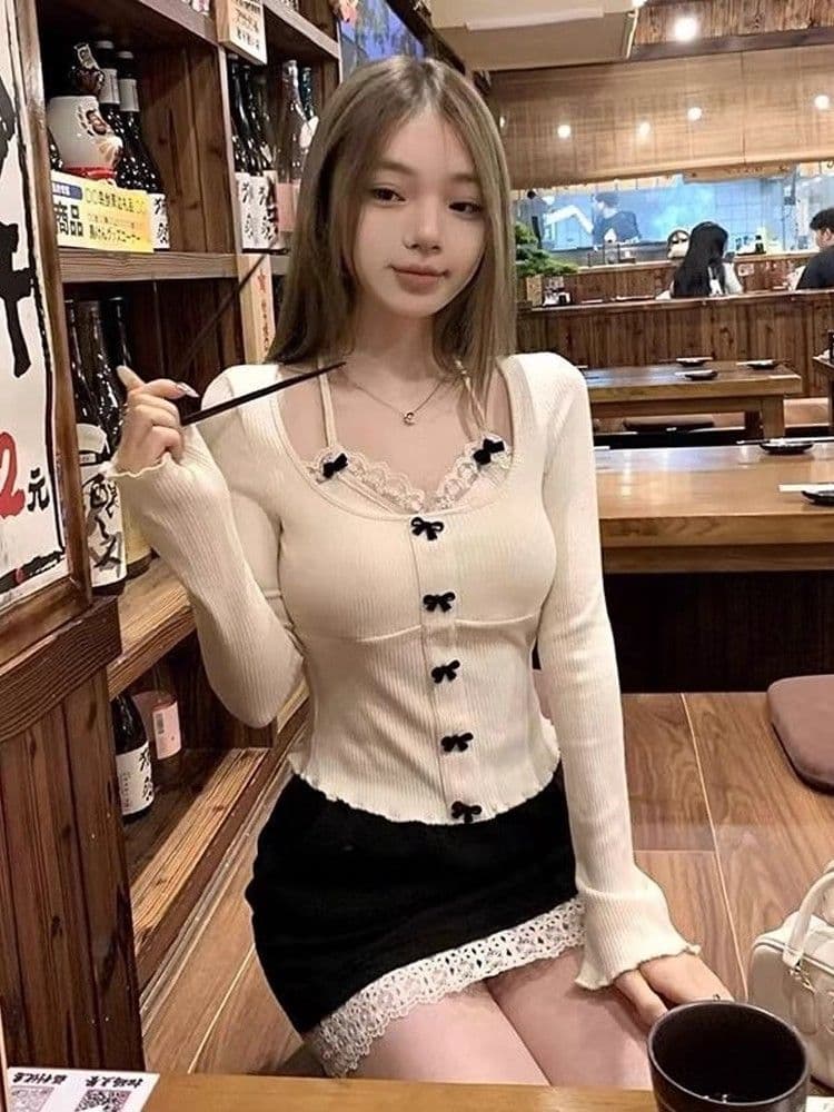 De 플러시 레이스 행침 목 기본 셔츠 2026 새로운 달콤한 핫걸 나비 매듭 짧은 편안함 맨위 상세 이미지 3
