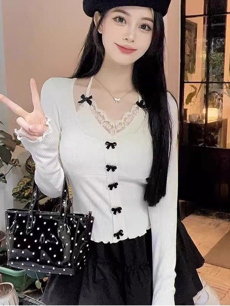 De 플러시 레이스 행침 목 기본 셔츠 2026 새로운 달콤한 핫걸 나비 매듭 짧은 편안함 맨위 상세 이미지 6