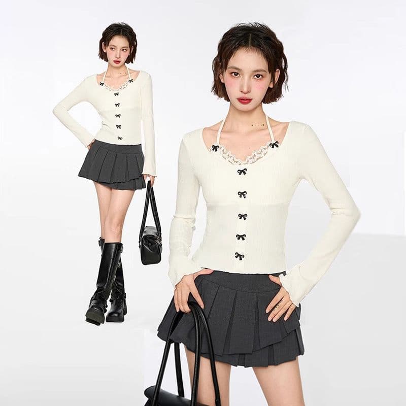페이크 레이어드 레이스 행침 목 여성 봄 조기 짧은 몸매 가꾸기 나비 매듭 긴팔 만나는 맨위
