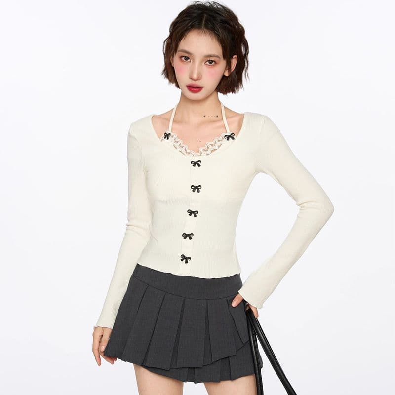 페이크 레이어드 레이스 행침 목 여성 봄 조기 짧은 몸매 가꾸기 나비 매듭 긴팔 만나는 맨위 이미지 2