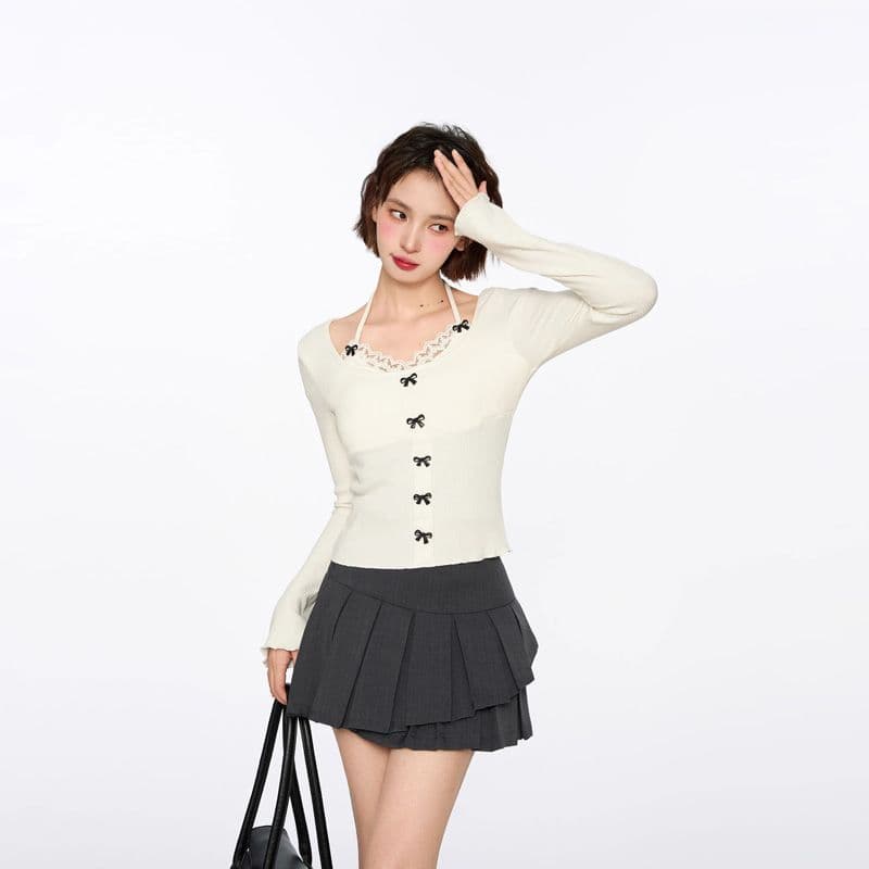 페이크 레이어드 레이스 행침 목 여성 봄 조기 짧은 몸매 가꾸기 나비 매듭 긴팔 만나는 맨위 이미지 5