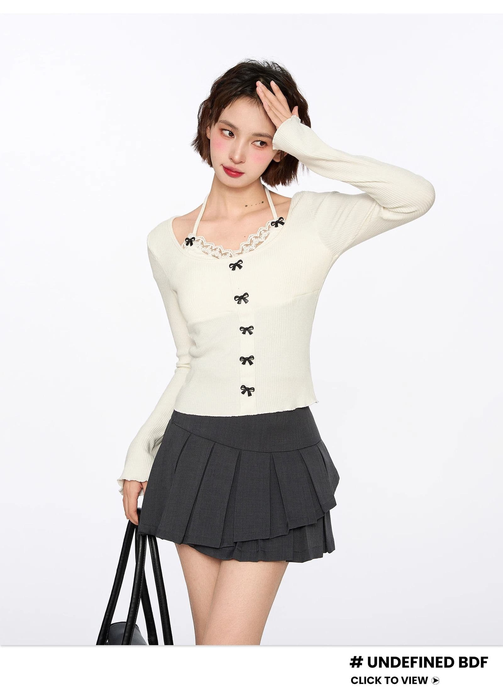페이크 레이어드 레이스 행침 목 여성 봄 조기 짧은 몸매 가꾸기 나비 매듭 긴팔 만나는 맨위 상세 이미지 6