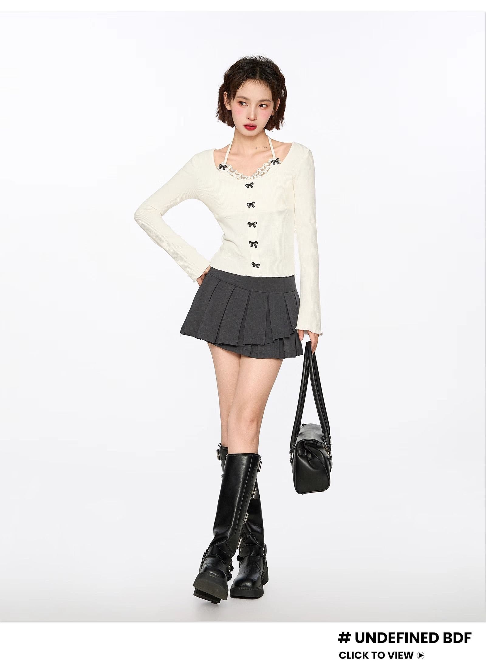 페이크 레이어드 레이스 행침 목 여성 봄 조기 짧은 몸매 가꾸기 나비 매듭 긴팔 만나는 맨위 상세 이미지 7