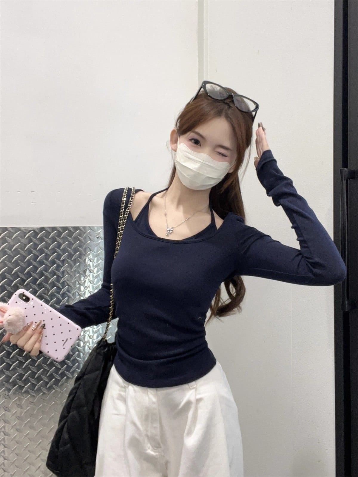 40 차가운 실크 차가운 면 2026 한 부서 핫걸 페이크 레이어드 슬립 오프숄더 긴팔 티셔츠 여성 가을 맨위 이미지 2