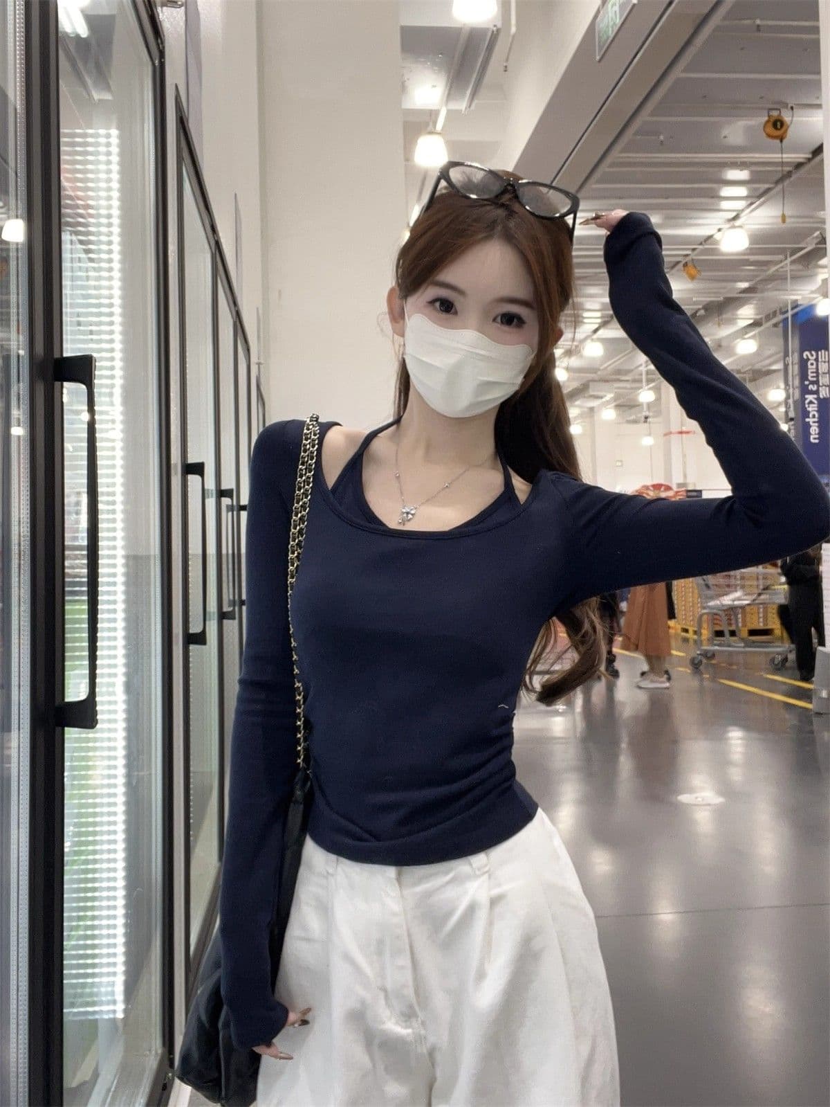 40 차가운 실크 차가운 면 2026 한 부서 핫걸 페이크 레이어드 슬립 오프숄더 긴팔 티셔츠 여성 가을 맨위 상세 이미지 2