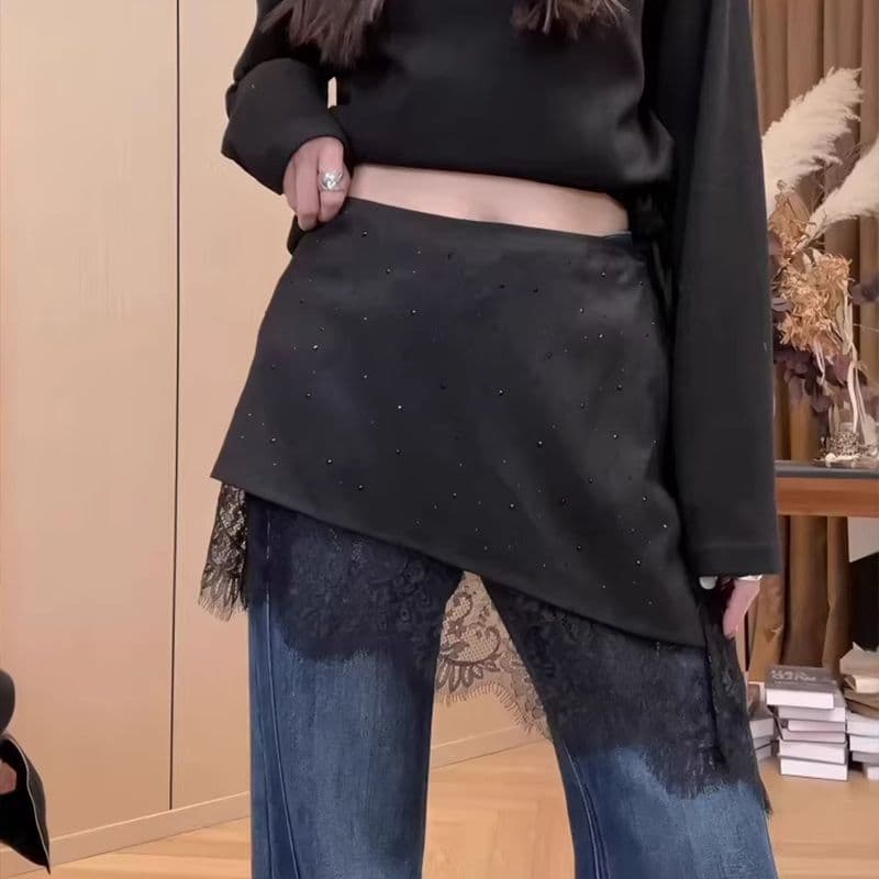 불규칙 스택 착용 핫픽스 레이스 조각 랩스커트팬츠 한 마디 미니 스커트 여성 이른 봄 새로운 하이웨이스트 몸매 가꾸기 슬림해 보이는 반 스커트 이미지 5