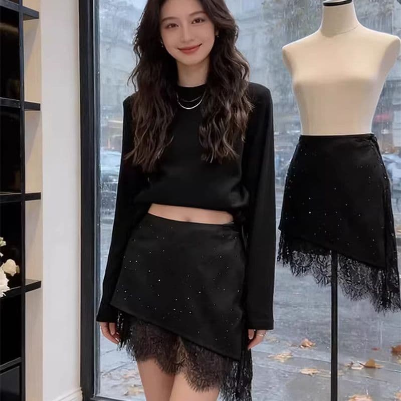 불규칙 스택 착용 핫픽스 레이스 조각 랩스커트팬츠 한 마디 미니 스커트 여성 이른 봄 새로운 하이웨이스트 몸매 가꾸기 슬림해 보이는 반 스커트 이미지 2