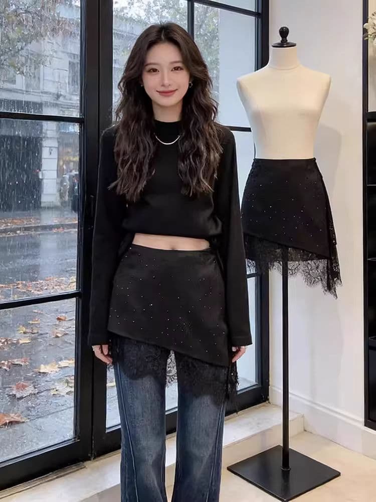 불규칙 스택 착용 핫픽스 레이스 조각 랩스커트팬츠 한 마디 미니 스커트 여성 이른 봄 새로운 하이웨이스트 몸매 가꾸기 슬림해 보이는 반 스커트 상세 이미지 2