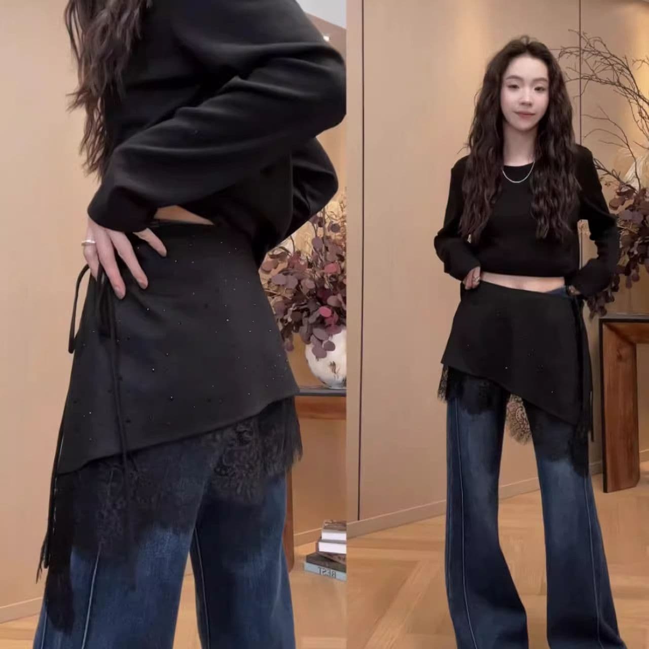 한국 스타일 패션 핫픽스 불규칙 레이스 조각 반신 스커트 여성 2026 새로운 몸매 가꾸기 스택 착용 미니 스커트 랩스커트팬츠 트렌디 이미지 3