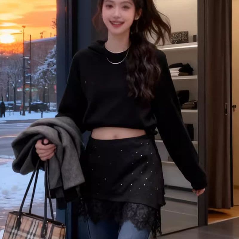 2026 년 외국 가스 세련된 밑단 불규칙 치마 레이스 반신 스커트 여성 스트랩 디자인 센스 랩스커트팬츠 스택 착용 다용도 이미지 2