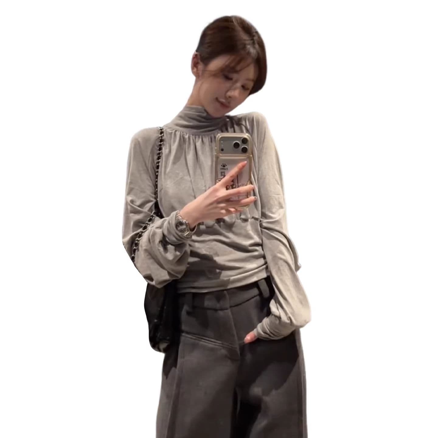 뒤에 나비 매듭 회색 디자인 센스 긴팔 티셔츠 맨위 여성 봄 작은 대중 Chic 주름 허리 수축 기본 셔츠 이미지 5