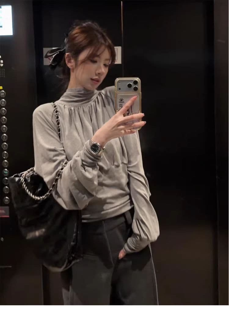 뒤에 나비 매듭 회색 디자인 센스 긴팔 티셔츠 맨위 여성 봄 작은 대중 Chic 주름 허리 수축 기본 셔츠 상세 이미지 2