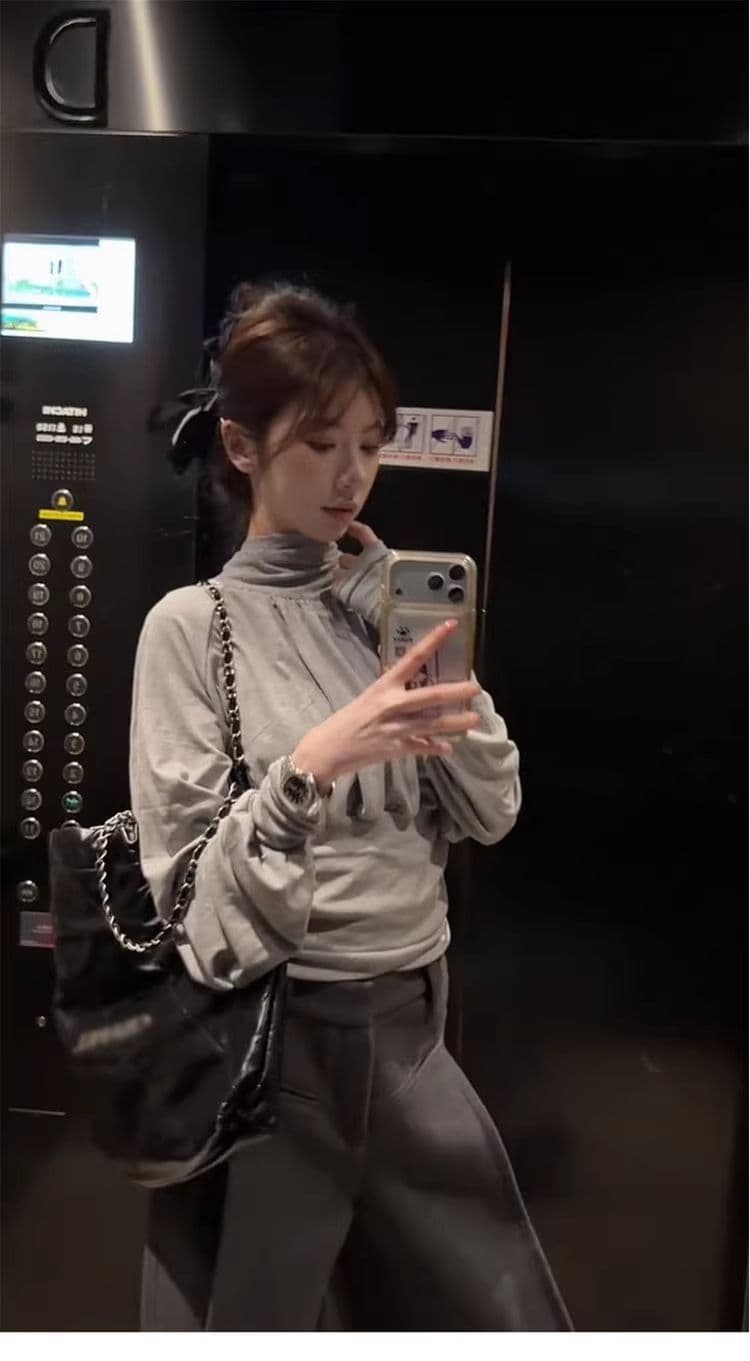 뒤에 나비 매듭 회색 디자인 센스 긴팔 티셔츠 맨위 여성 봄 작은 대중 Chic 주름 허리 수축 기본 셔츠 상세 이미지 4