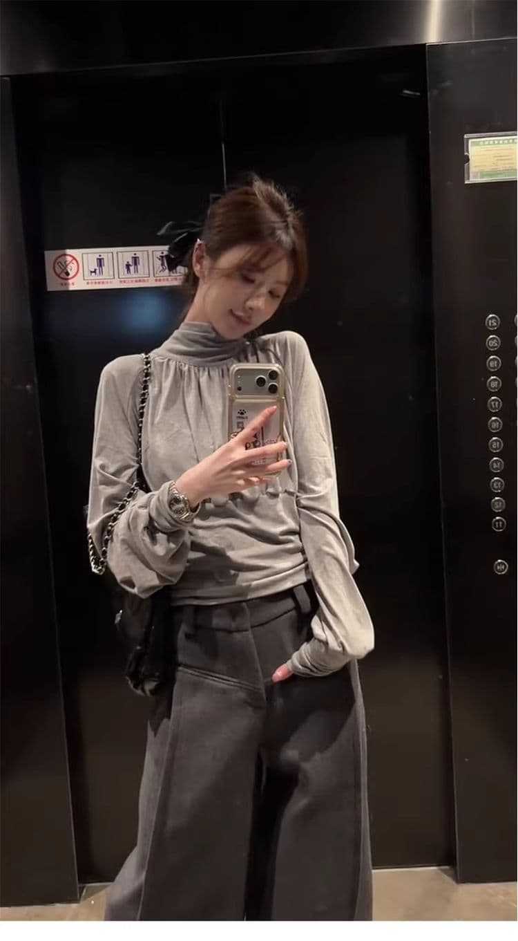 뒤에 나비 매듭 회색 디자인 센스 긴팔 티셔츠 맨위 여성 봄 작은 대중 Chic 주름 허리 수축 기본 셔츠 상세 이미지 5