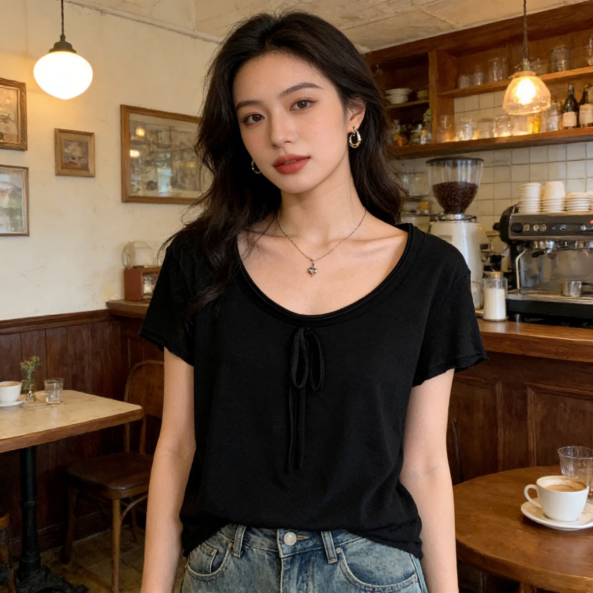눈꽃 면 빅 사이즈 연령 감소 레이스업 루즈핏 라운드 넥 반팔 티셔츠 여성 여름 새로운 슬림해 보이는 디자인 맨위 상세 이미지 3
