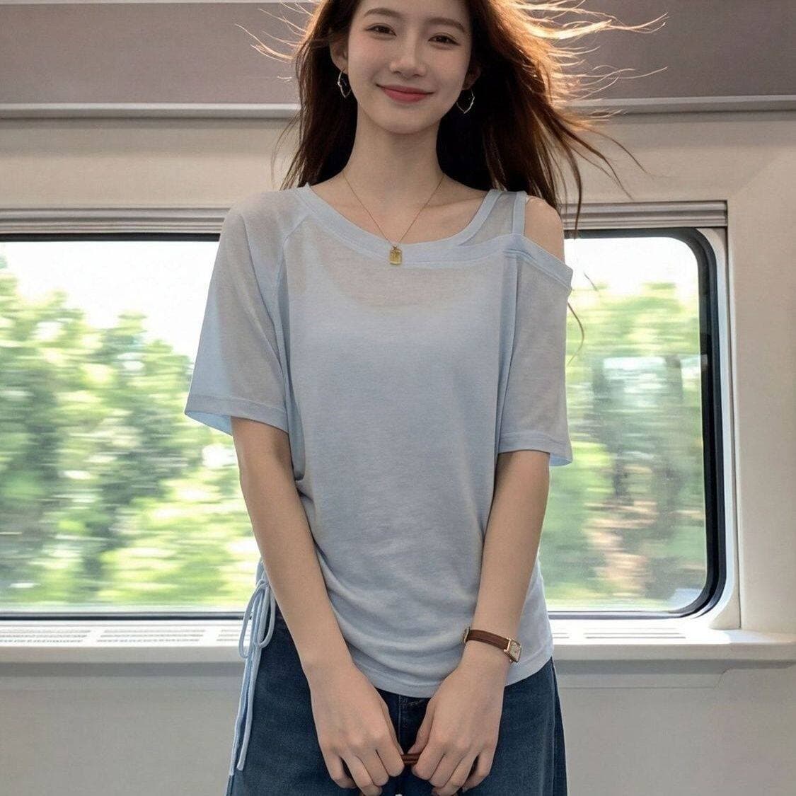 눈꽃 면 빅 사이즈 고유 한 아름다운 반팔 오프숄더 펌프 로프 티셔츠 여성 여름 디자인 한 부서 착용 잡아라. 의류 상세 이미지 11