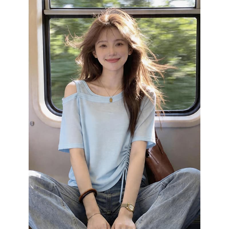눈꽃 면 빅 사이즈 패션 여성 파란색 반팔 티셔츠 여름 새로운 외국 가스 펌프 로프 루즈핏 오프숄더 맨위 이미지 3