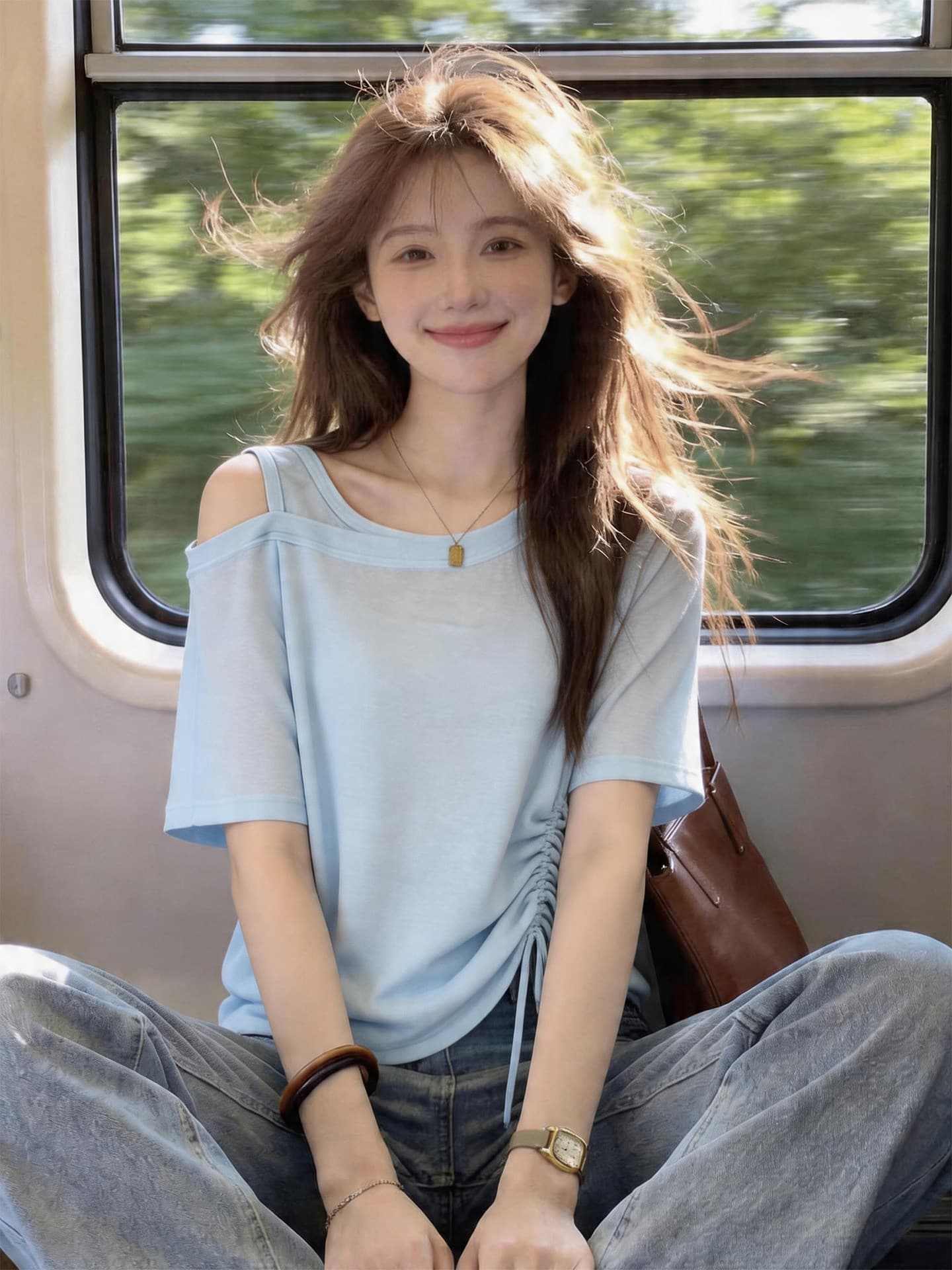 눈꽃 면 빅 사이즈 패션 여성 파란색 반팔 티셔츠 여름 새로운 외국 가스 펌프 로프 루즈핏 오프숄더 맨위 상세 이미지 5