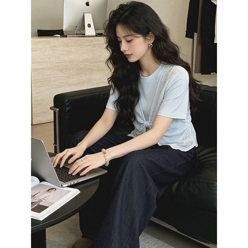 라이 우아한 1x1 와 사고 방식 빅 사이즈 한 부서 외국 가스 페이크 레이어드 티셔츠 여름 품격 고급 디자인 센스 맨위 이미지 3