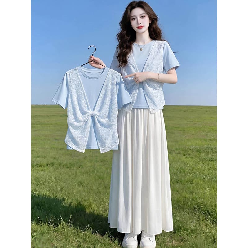 라이 우아한 1x1 와 사고 방식 빅 사이즈 여름 새로운 나비 매듭 2026 여성 연령 감소 패치워크 페이크 레이어드 맨위 상세 이미지 5