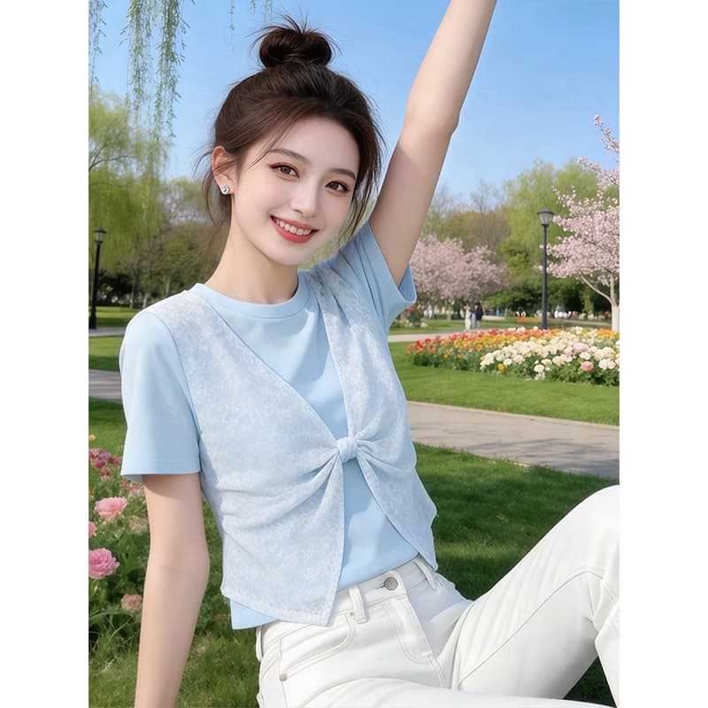 라이 우아한 1x1 와 사고 방식 빅 사이즈 나비 매듭 디자인 패치워크 페이크 레이어드 반팔 티셔츠 여성 여름 고유 한 맨위 상세 이미지 5