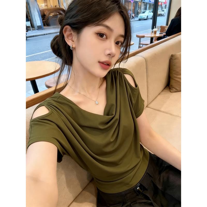 짙은 녹색 흔들다 칼라 미니멀리즘 오프숄더 몸매 가꾸기 반팔 티셔츠 여성 2026 여름 슬림해 보이는 연령 감소 캐주얼 외국 가스 맨위 상세 이미지 5