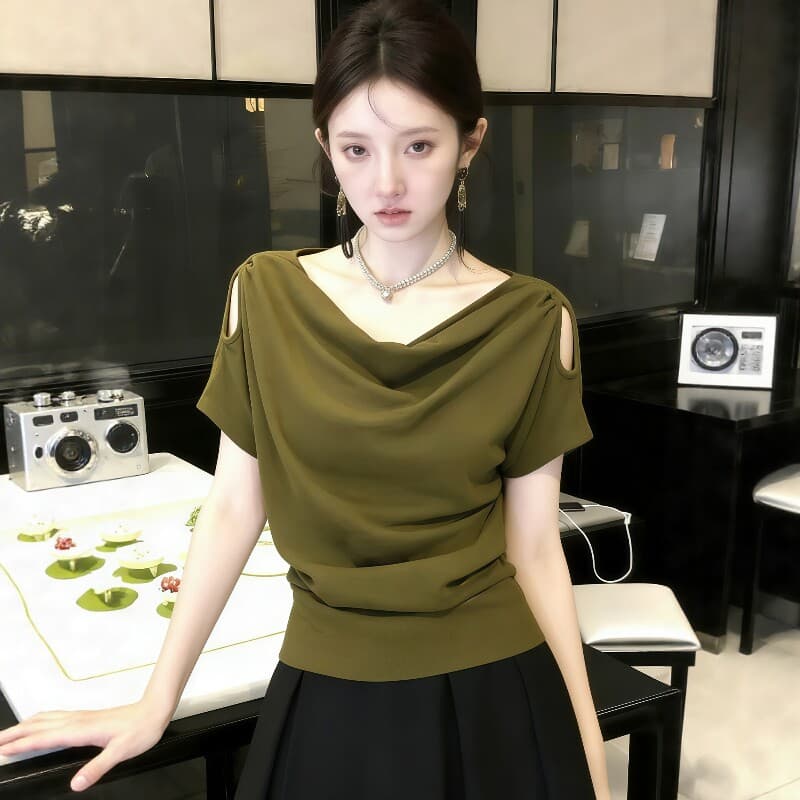 디자인 센스 흔들다 칼라 반팔 티셔츠 여성 여름 2026 새로운 빅 사이즈 지방 mm 고유 한 아름다운 자이언트 잘 생긴 오프숄더 맨위 상세 이미지 4
