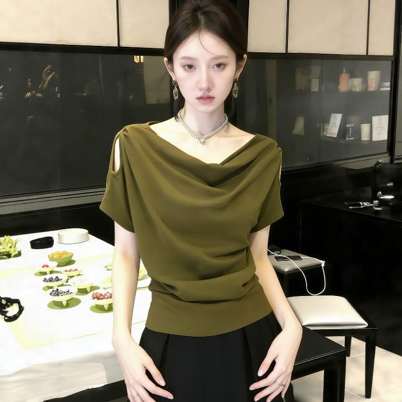 디자인 센스 흔들다 칼라 반팔 티셔츠 여성 여름 2026 새로운 빅 사이즈 지방 mm 고유 한 아름다운 자이언트 잘 생긴 오프숄더 맨위 상세 이미지 6