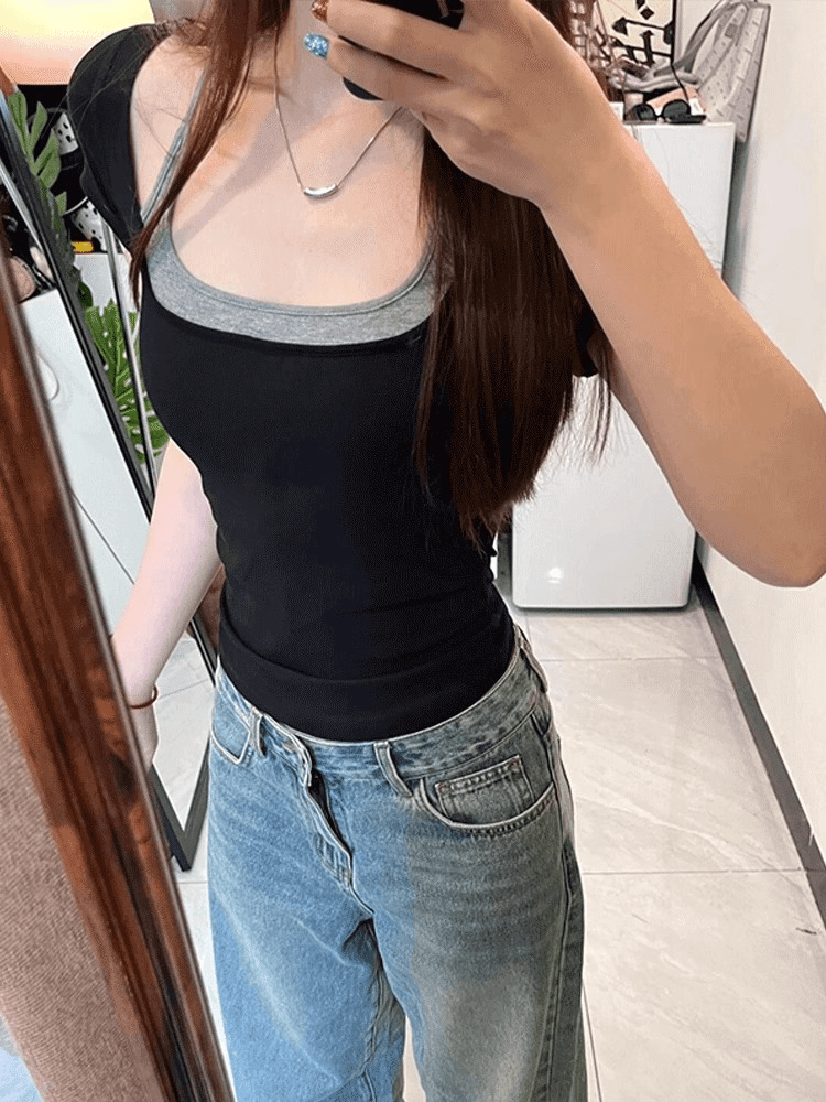 한 부서 착용 가져 가라. 페이크 레이어드 반팔 티셔츠 2026 여름 새로운 행침 목 디자인 센스 몸매 가꾸기 슬림해 보이는 쇼트 스타일 맨위 상세 이미지 6