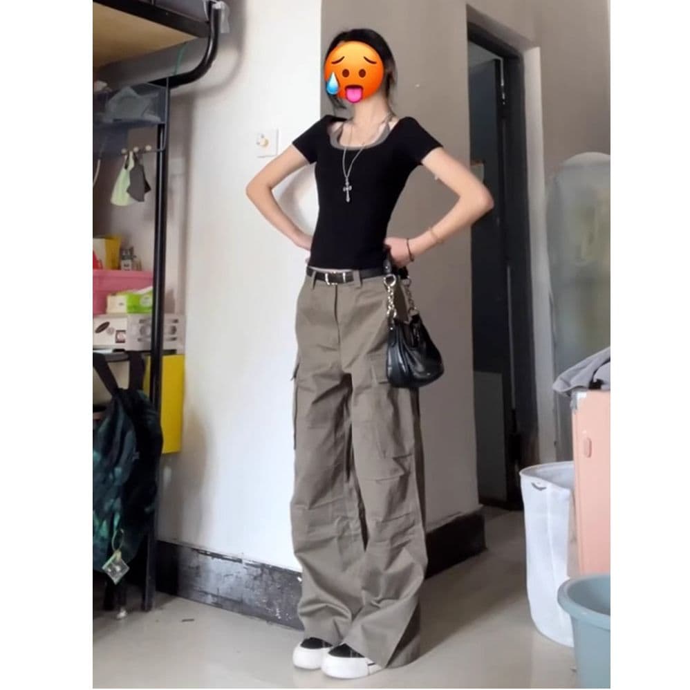 아메리칸 레트로 검정색 페이크 레이어드 긍정적 인 어깨 반팔 티셔츠 여성 여름 2026 새로운 핫걸 패치워크 쇼트 스타일 맨위 이미지 3
