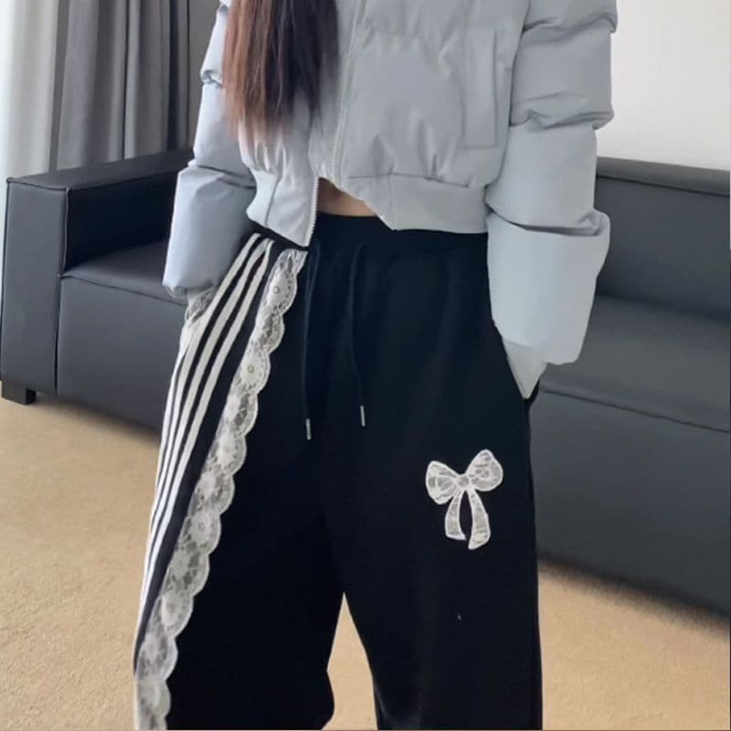 개성 부서 레이스 나비 매듭 캐주얼 운동 웨이 바지 여성 의류 여름 새로운 루즈핏 3개 바 스트레이트 와이드 레그 팬츠 이미지 5