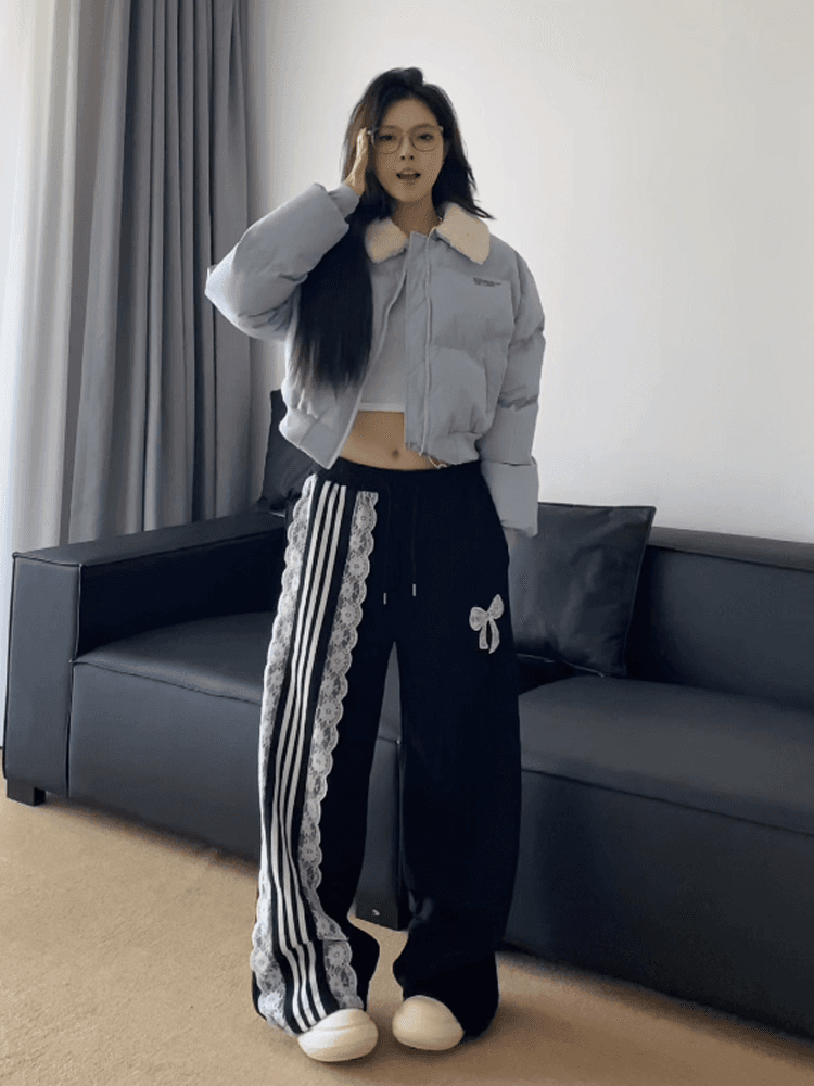 개성 부서 레이스 나비 매듭 캐주얼 운동 웨이 바지 여성 의류 여름 새로운 루즈핏 3개 바 스트레이트 와이드 레그 팬츠 상세 이미지 4