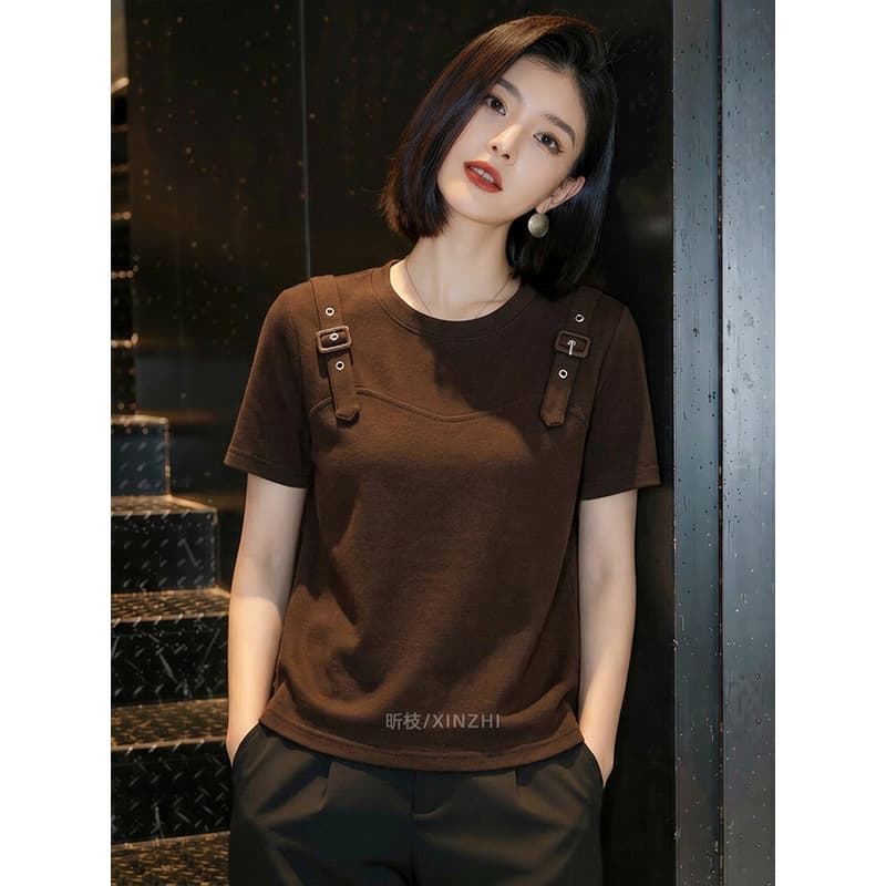 라이 우아한 1x1 와 사고 방식 210g 빅 사이즈 2026 여름 새로운 반팔 티셔츠 어깨끈 패치워크 Chic 맨위 이미지 3