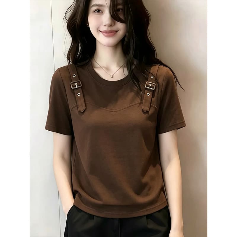 라이 우아한 1x1 와 사고 방식 210g 빅 사이즈 고급 센스 반팔 티셔츠 여성 여름 디자인 장식 슬림해 보이는 맨위