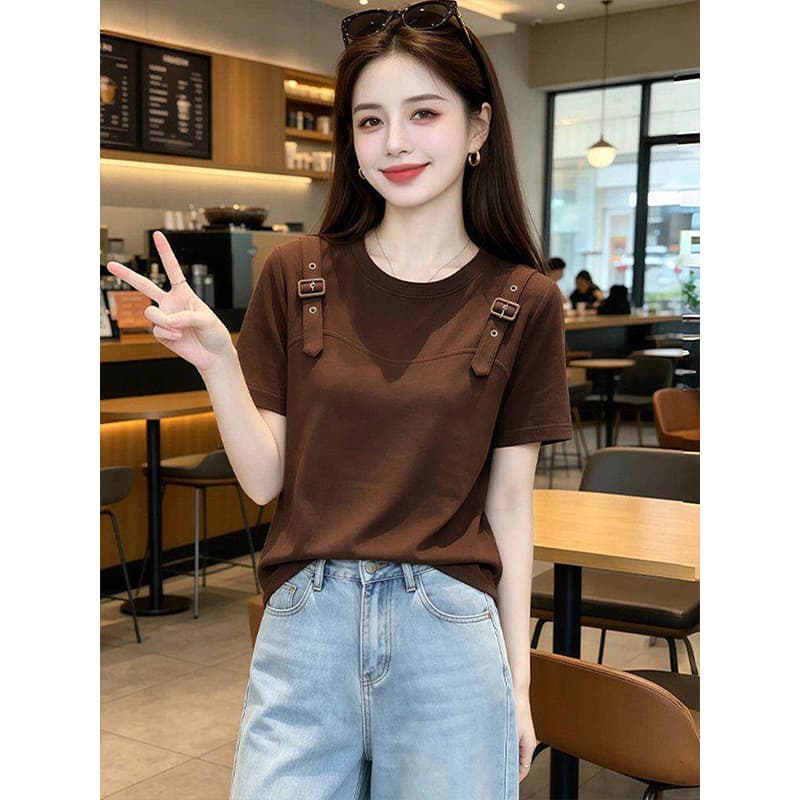 라이 우아한 1x1 와 사고 방식 210g 빅 사이즈 반팔 티셔츠 여성 여름 새로운 패션 연령 감소 슬림해 보이는 디자인 맨위