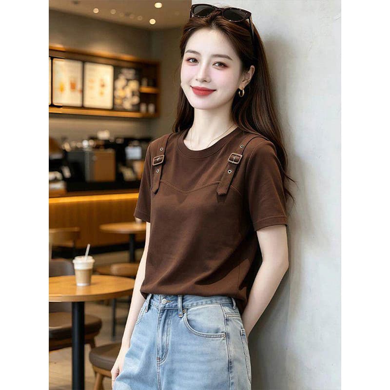 라이 우아한 1x1 와 사고 방식 210g 빅 사이즈 반팔 티셔츠 여성 여름 새로운 패션 연령 감소 슬림해 보이는 디자인 맨위 상세 이미지 2